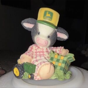 Enesco 1990 Plaid Cow with Green and Yellow Tractor